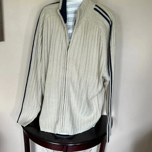 Vintage ,chunky knit/ cable zip sweater,blue,cream,fisherman,grandpa co… - Picture 1 of 8